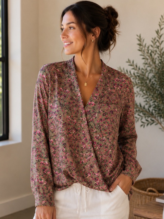 Kut from the Kloth Tops - Kut from the Kloth Olive Green Floral Crossover Blouse